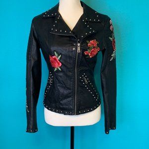 La Coalition Vegan Floral Embroidered Leather Jacket